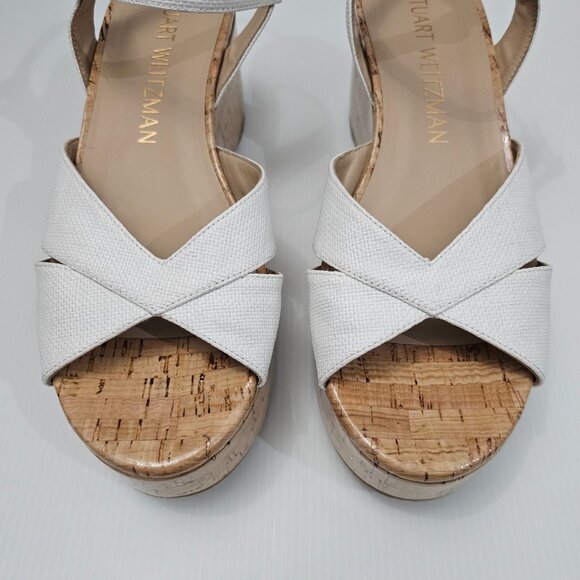 NEW Stuart Weitzman Carmen Midi Wedge Sz 9.5 Sandal Platform White Leather Cork - Picture 5 of 14